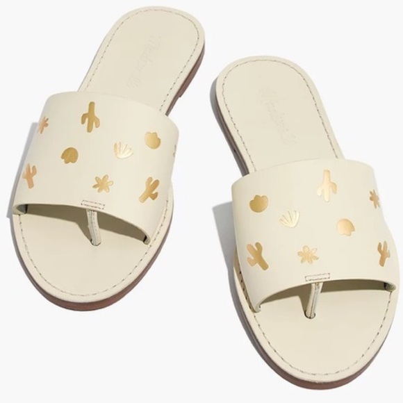 Madewell Size 8 Boardwalk Post Slide Cream Sandals with Gold Accents - Picture 1 of 8